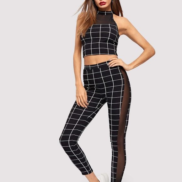 Plaid Crop Top & Leggings with Mesh Insert - Picture 5 of 6